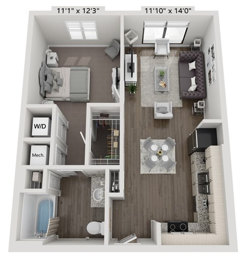 A floor plan of a small apartment with a kitchen, living room, and bathroom.